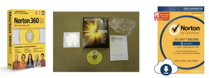 Symantec product packaging continues to evolve from CDs (left, middle) to examples like this Norton Registration Card for electronic downloads (right)