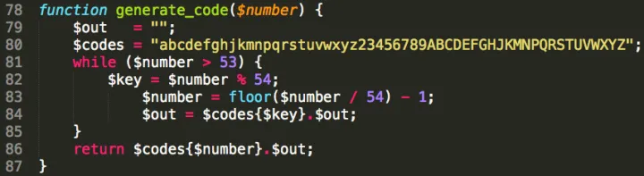 Screenshot: Phurl source code for generating shortened URLs