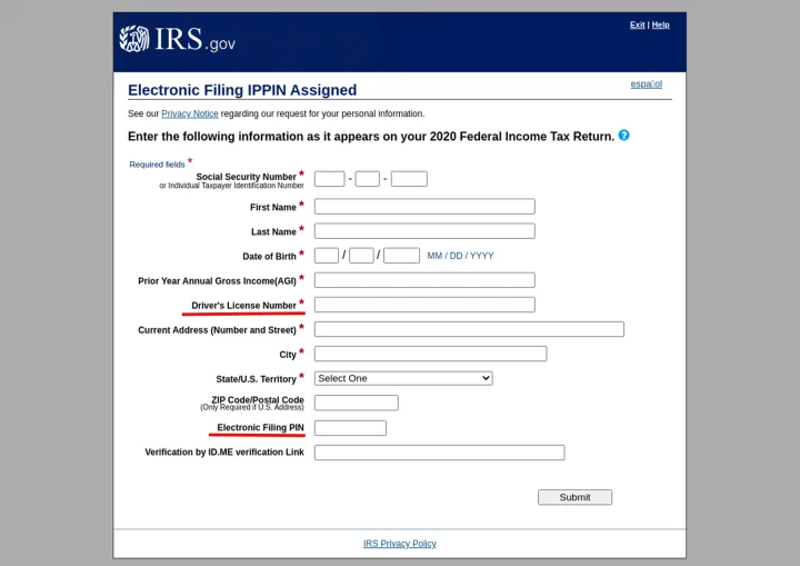 Notice the personal information listed here the IRS would next request (driver's license number and electronic filing pin). 