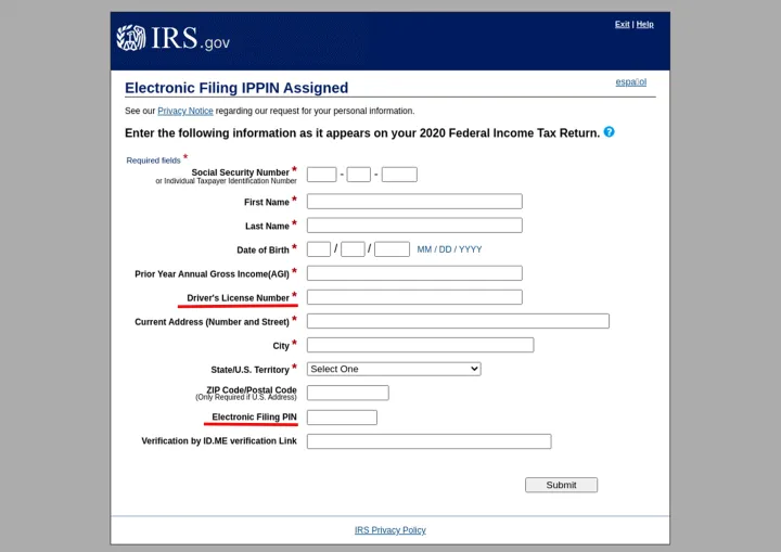 Notice the personal information listed here the IRS would next request (driver's license number and electronic filing pin).