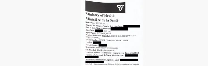 Figure 3: Compare - a Canadian COVID-19 vaccination record. This piece of paper contains no security features.