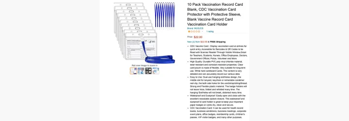 An example of counterfeit CDC vaccine cards sold on Amazon. 