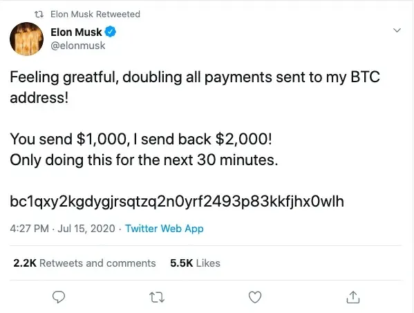 Figure 4 - Tweet from compromised account of Elon Musk