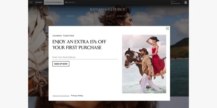 Figure 4: Banana Republic's website includes one type of interstitial - an invitation to sign up for a newsletter. You cannot interact with the rest of the website until you dismiss this interstitial. This can be difficult to deal with.