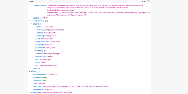 Figure 2: This is the payload for the same network request. Notice that my device resolution is sent to the ad server.