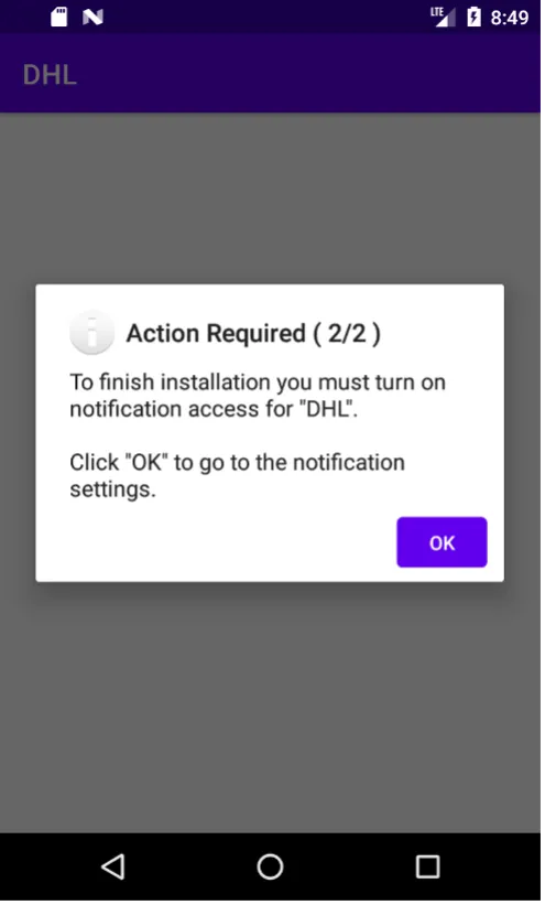 Pictured here is the prompt to also enable “Notification Access” for the app in the corresponding system dialog.