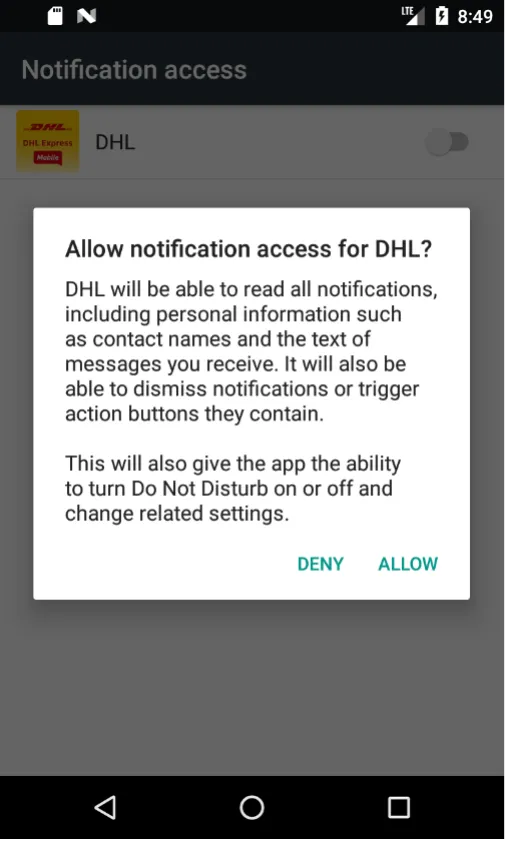 Pictured here is the prompt to also enable “Notification Access” for the app in the corresponding system dialog.