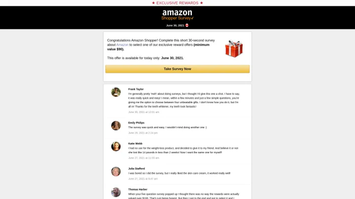 An example of an Amazon survey themed phishing lure is pictured here. 