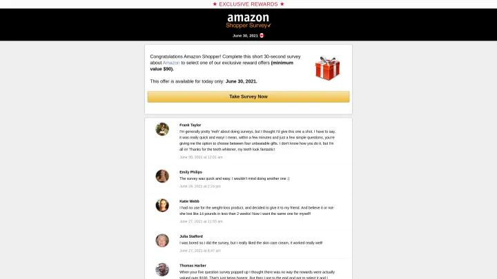 An example of an Amazon survey themed phishing lure is pictured here.