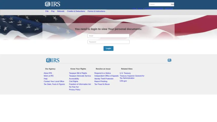 This image is a fake IRS webpage designed to scare users into providing personal information. 