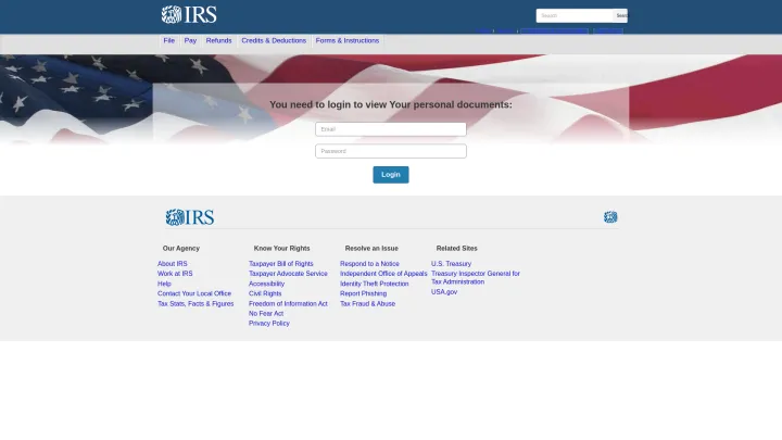 This image is a fake IRS webpage designed to scare users into providing personal information.