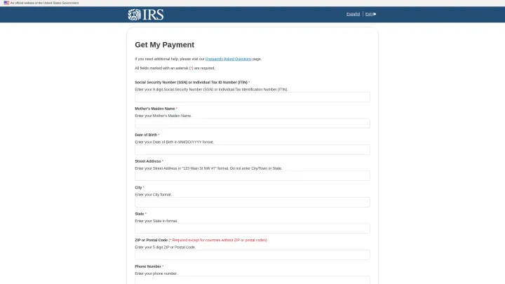 This image is a fake IRS webpage designed to scare users into providing personal information.