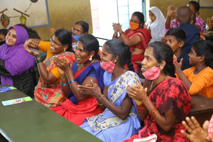 Students learning hand washing techniques