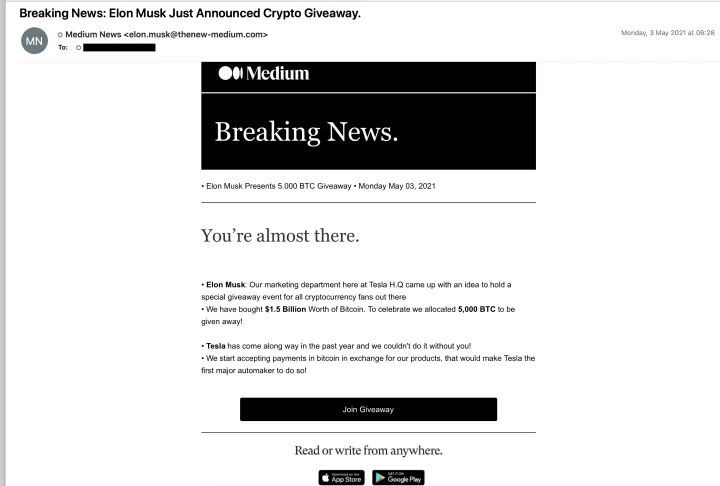 An example of an email which is a cryptocurrency scam. 
